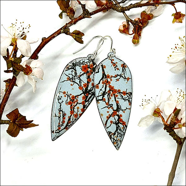 Mia Houghton Grey enamel cherry blossom large drop earrings 6